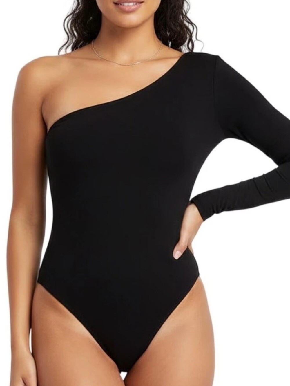Naked Wardrobe NEW Black One Full Sleeve Cheeky Bodycon Bodysuit M